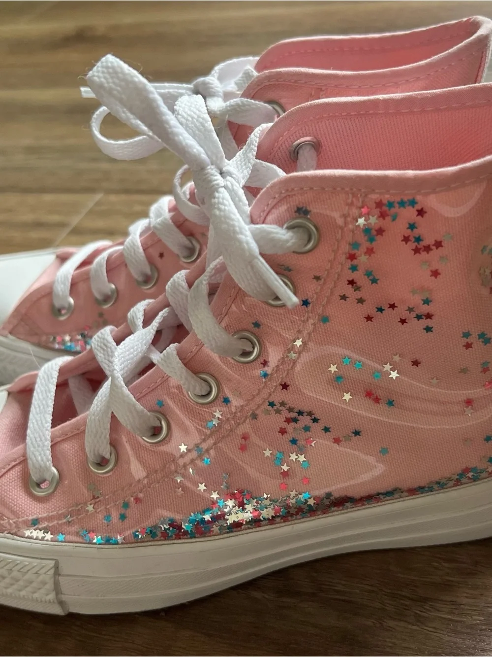 Converse Pink with Star Glitter Confetti High Top Sneakers big girls size 3.5